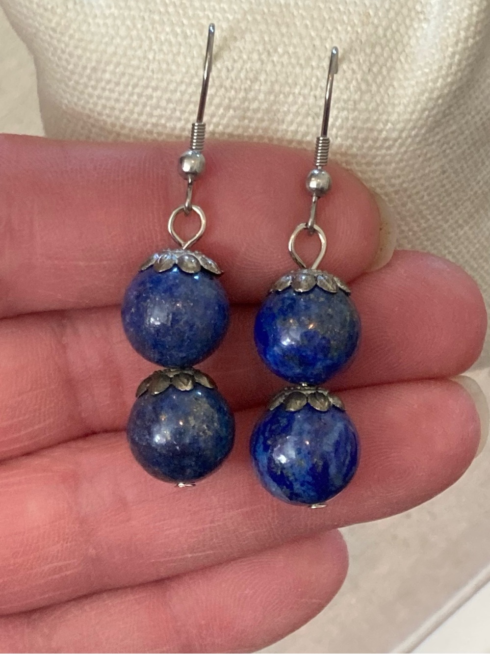 Genuine Natural Lapis Lazuli Double Bead Dangle Earrings Silver Filigree End Cap